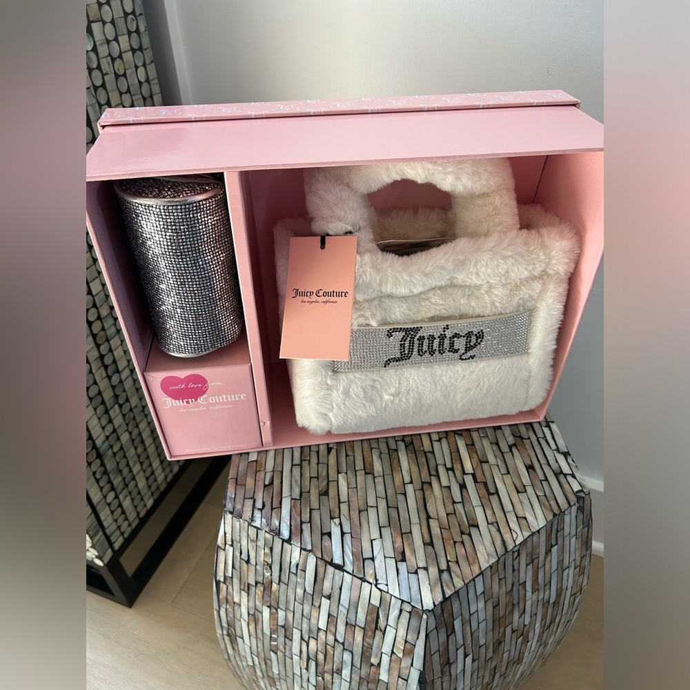 Juicy couture cream Fur mini tote Bag and silver barrel Pouch gift box set